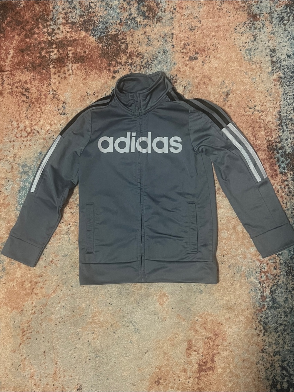 adidas Kids Gray Track Jacket with White Logo and Black Stripes
